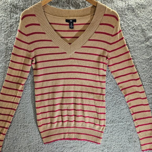 Gap Women's V-Neck Striped Beige & Pink Long Sleeve Sweater XS Soft and Comfy - Picture 7 of 16